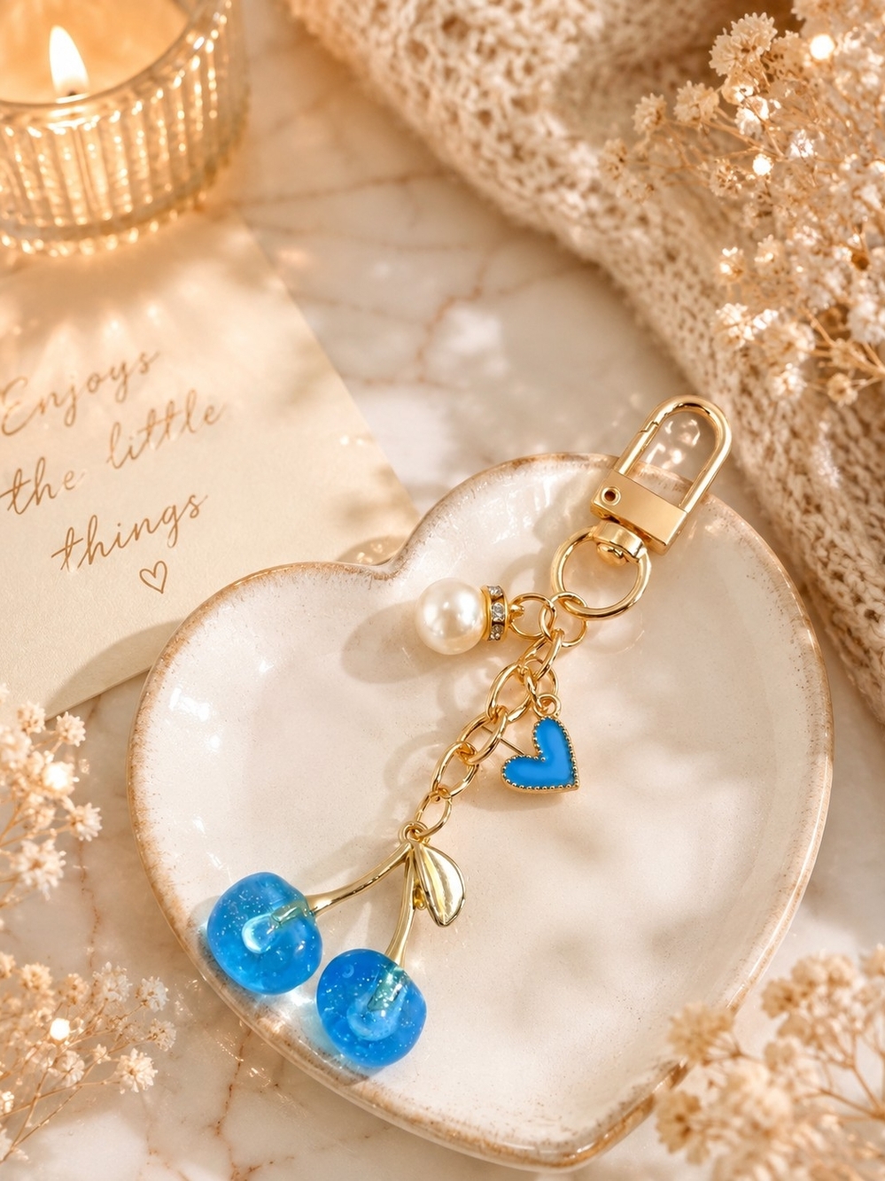 Gold-Tone Blue Cherry Keychain with Pearl Charm